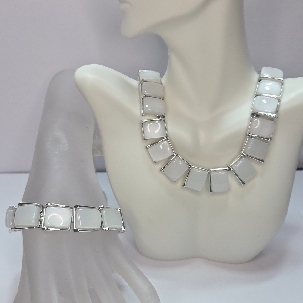 vtg kramer thermoset white square moonstone silver tone necklace bracelet set